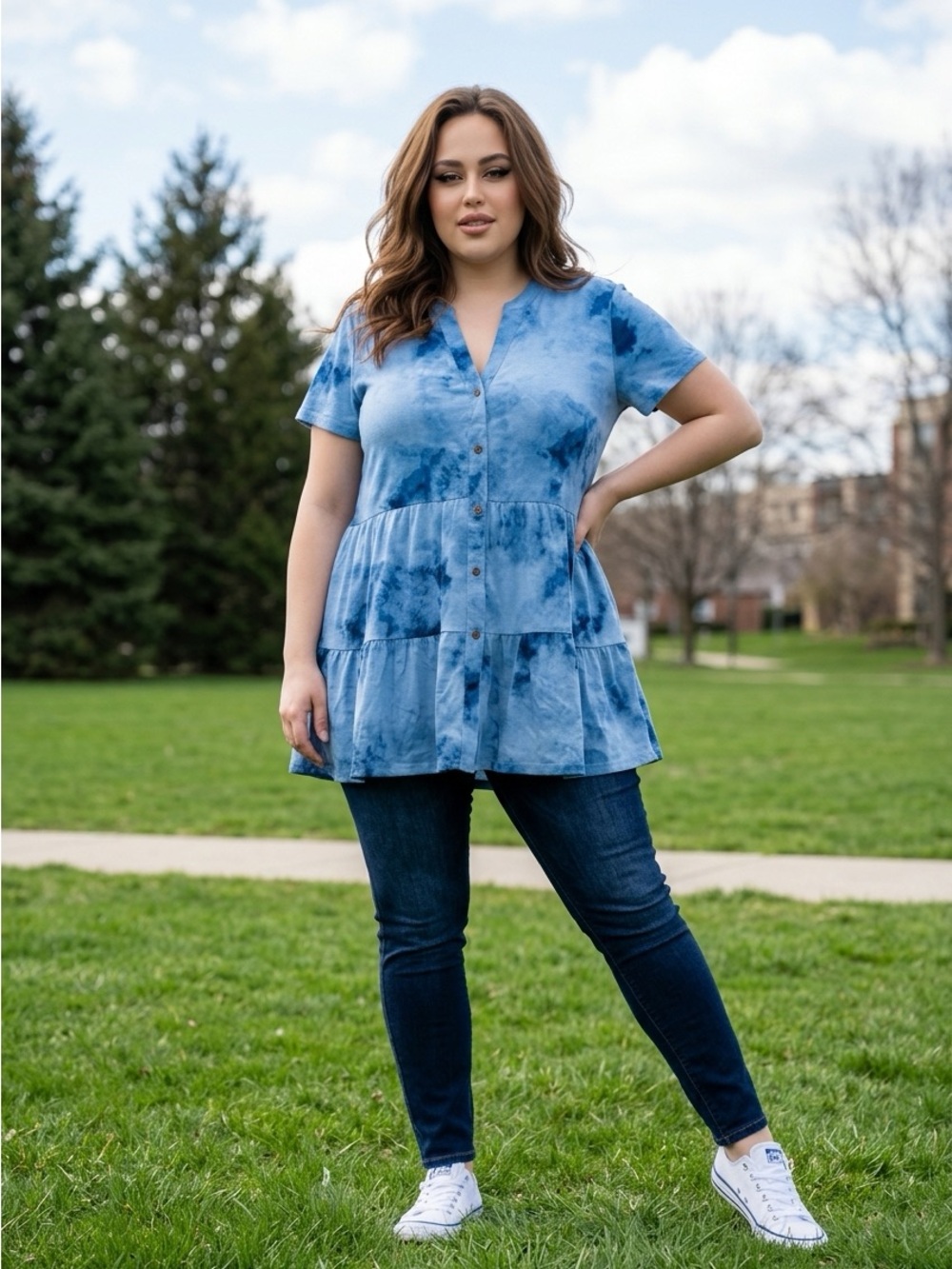 Wonderly Blue Tie-Dye Short Sleeve Button-Front Tiered Tunic